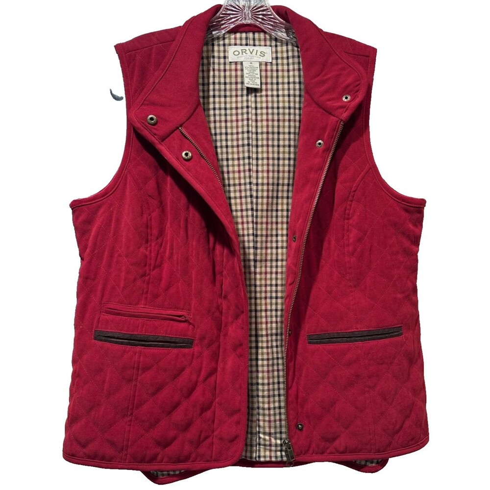 Orvis Red Quilted Puffer Vest M Medium Plaid Lining Outdoor Equestrian Gilet